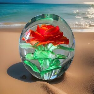 Large Dynasty Gallery Hand Blown Art Glass Paperweight Red Flower 4.5" Oval